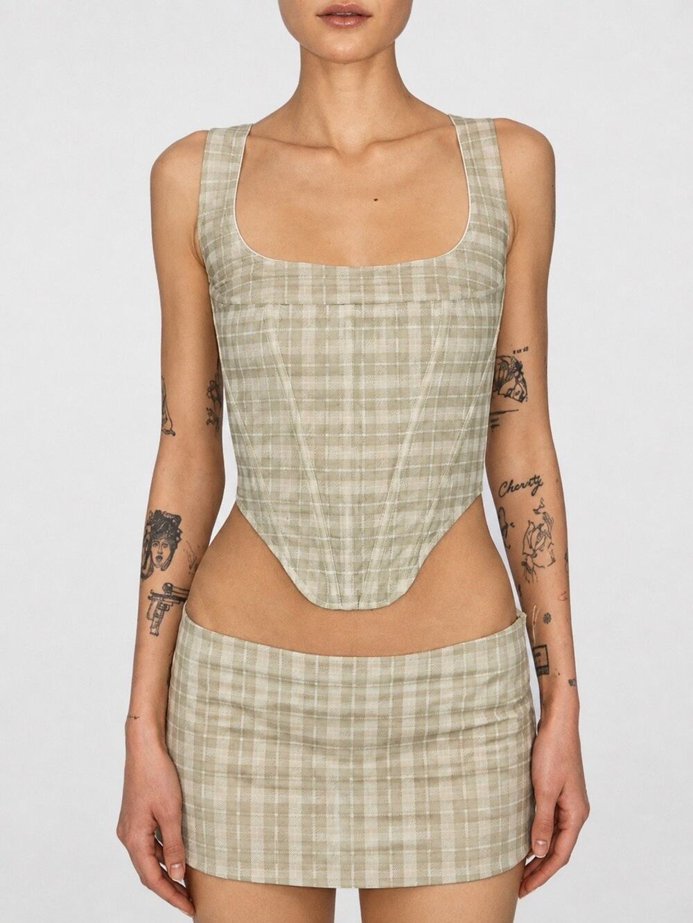 Miaou Campbell Corset Top Green Plaid Boned Square Neck XL